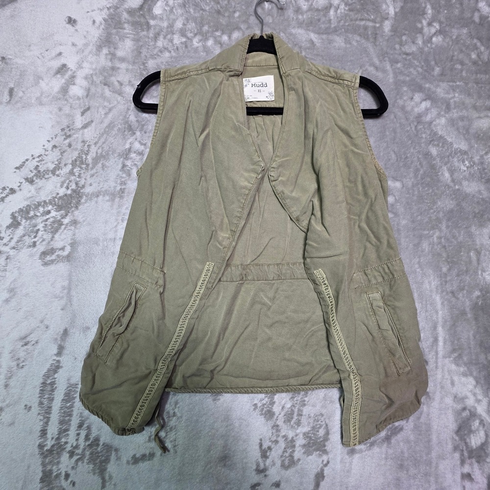 Mudd Womens XS Olive Green Tencel Utility Vest Crochet Lace Back Open Front